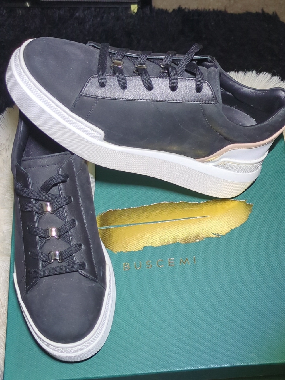 Buscemi Black & White Low-Top Leather Sneakers w/Gold Heel Accent Size 6 Women'